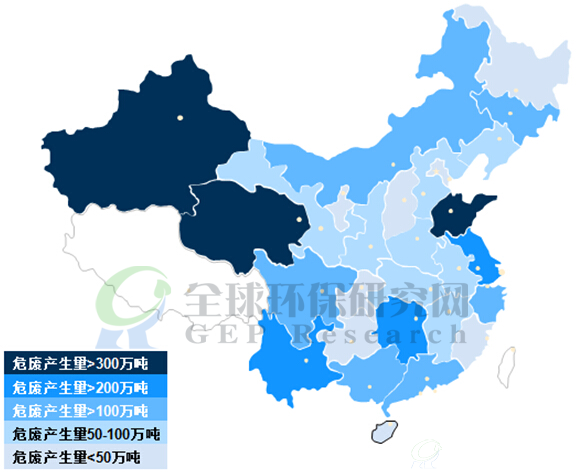 2015年中國危廢產生量區域分布圖